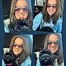 woman, dog, pet, car, sunglasses, smile, collar, black_dog, fluffy, portrait, happy, indoor, casual, selfie, collage, four_photos, blue_background, light, hair, clothing
