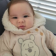 Santiago joined the competition — help win amazing prizes! baby, child, coat, jacket, hood, face, smile, indoors, window, blinds, cute, warm_clothing, portrait, infant, soft_light, person, apparel, button, expression, fur_trim