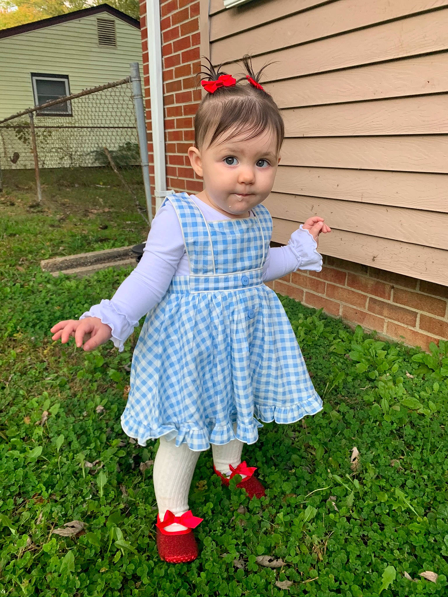 Ellia is registered to the contest to win money with this photo: backyard, child, clothing, design, dress, garden, grass, pattern, person, plaid, plant, play, summer, textile, toddler, yard