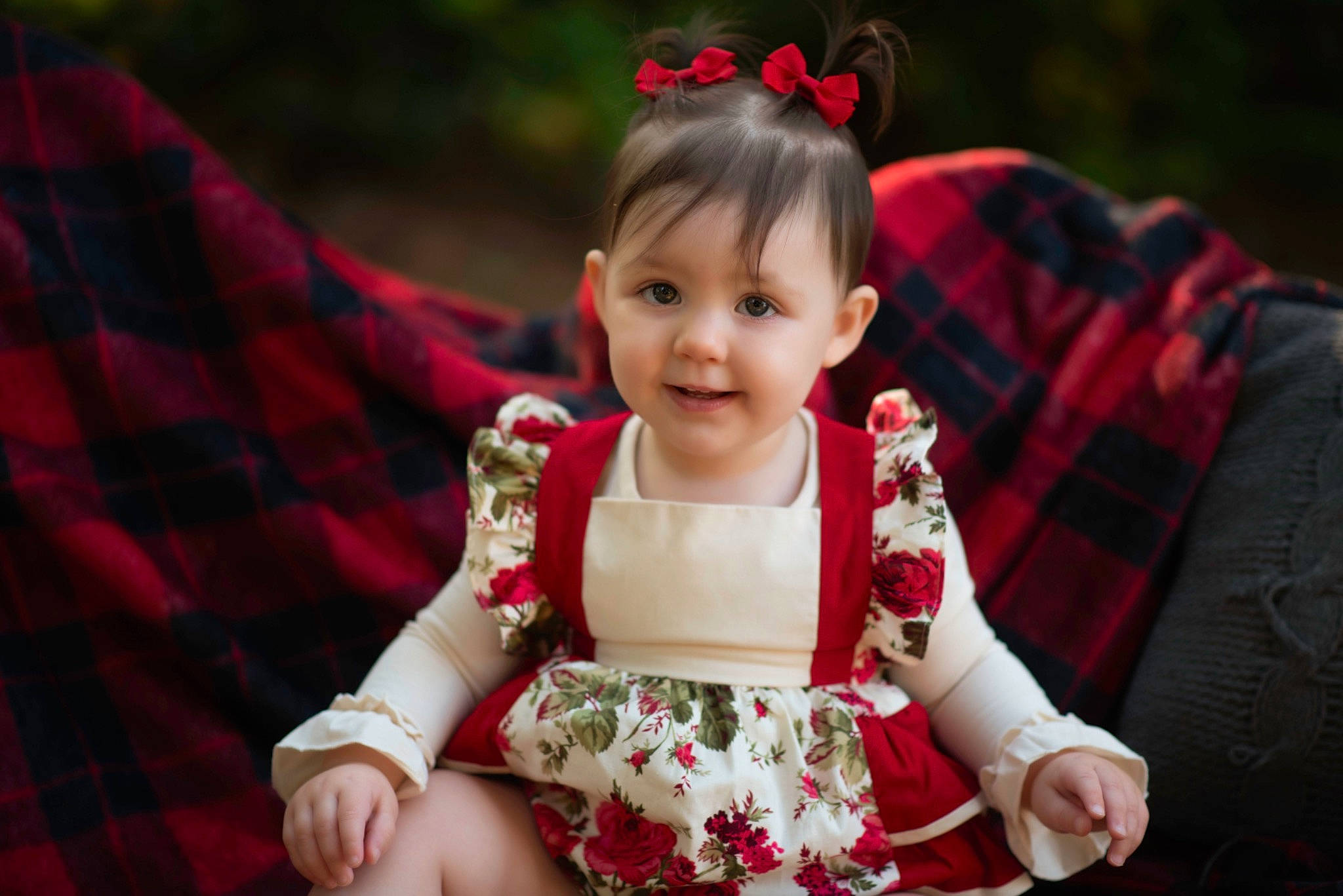 Ellia joined the competition — help win amazing prizes! baby, child, child_model, design, dress, fashion_accessory, hair_accessory, hand, happy, headpiece, joy, pattern, people, person, plaid, red, sitting, skin, smile, textile