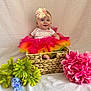 Sage is registered to the contest to win money with this photo: baby, child, basket, flower_headband, tutu, rainbow_colors, pink, yellow, green, blue, purple, artificial_flowers, woven_basket, smiling, portrait, cute, indoors, soft_background, greeting_card_style, happy