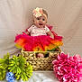 Sage joined the competition — help win amazing prizes! baby, child, tutu, headband, flower, basket, smiling, colorful_clothing, indoors, portrait, cute, happy, sitting, decorative_flowers, pink_flower, green_flower, blue_flower, woven_basket, fabric_background, infant