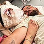 dog, man, sleeping, tattoo, leg, foot, blanket, towel, bedroom, resting, closeup, indoors, relaxing, casual, comfort, pet, animal, human, skin, facial_hair