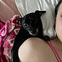 Bubby is registered to the contest to win money with this photo: affection, animal, bed, black_dog, blanket, casual, close_up, companion, cute, dog, human, indoor, person, pet, pink_blanket, relaxing, resting, shoulder, snuggling, white_pillow