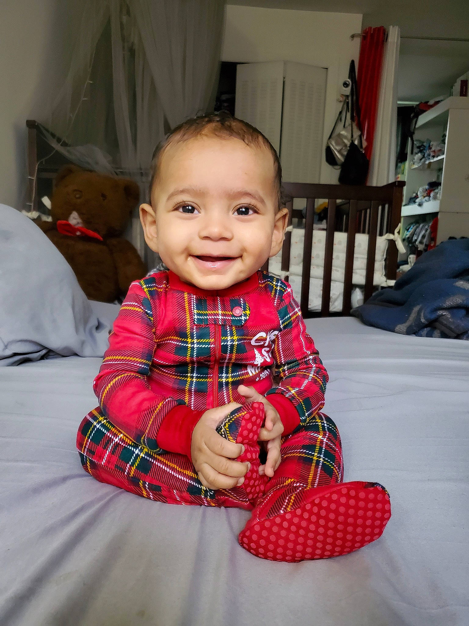 Kalel joined the competition — help win amazing prizes! baby, cheek, child, design, head, joy, pattern, person, plaid, sitting, skin, smile, tartan, textile, toddler