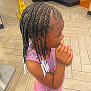 Teighan joined the competition — help win amazing prizes! beads, braided_hair, casual_wear, caution_sign, child, colorful_clothing, curious, floor_tiles, flooring, hair_style, indoor, person, pink_pants, portrait, restaurant, sandals, side_view, sleeveless_top, standing, young