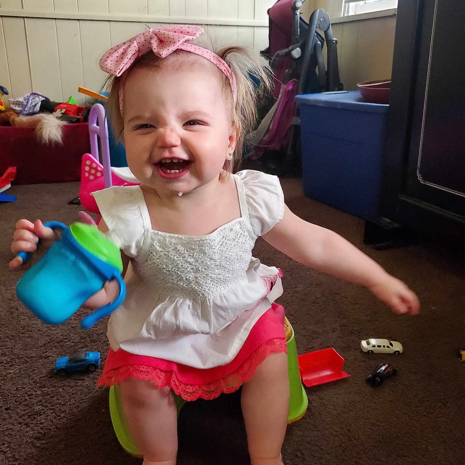 Aiyanna joined the competition — help win amazing prizes! baby, baby_products, cheek, child, facial_expression, fun, joy, leg, person, play, product, sitting, skin, smile, toddler, tooth