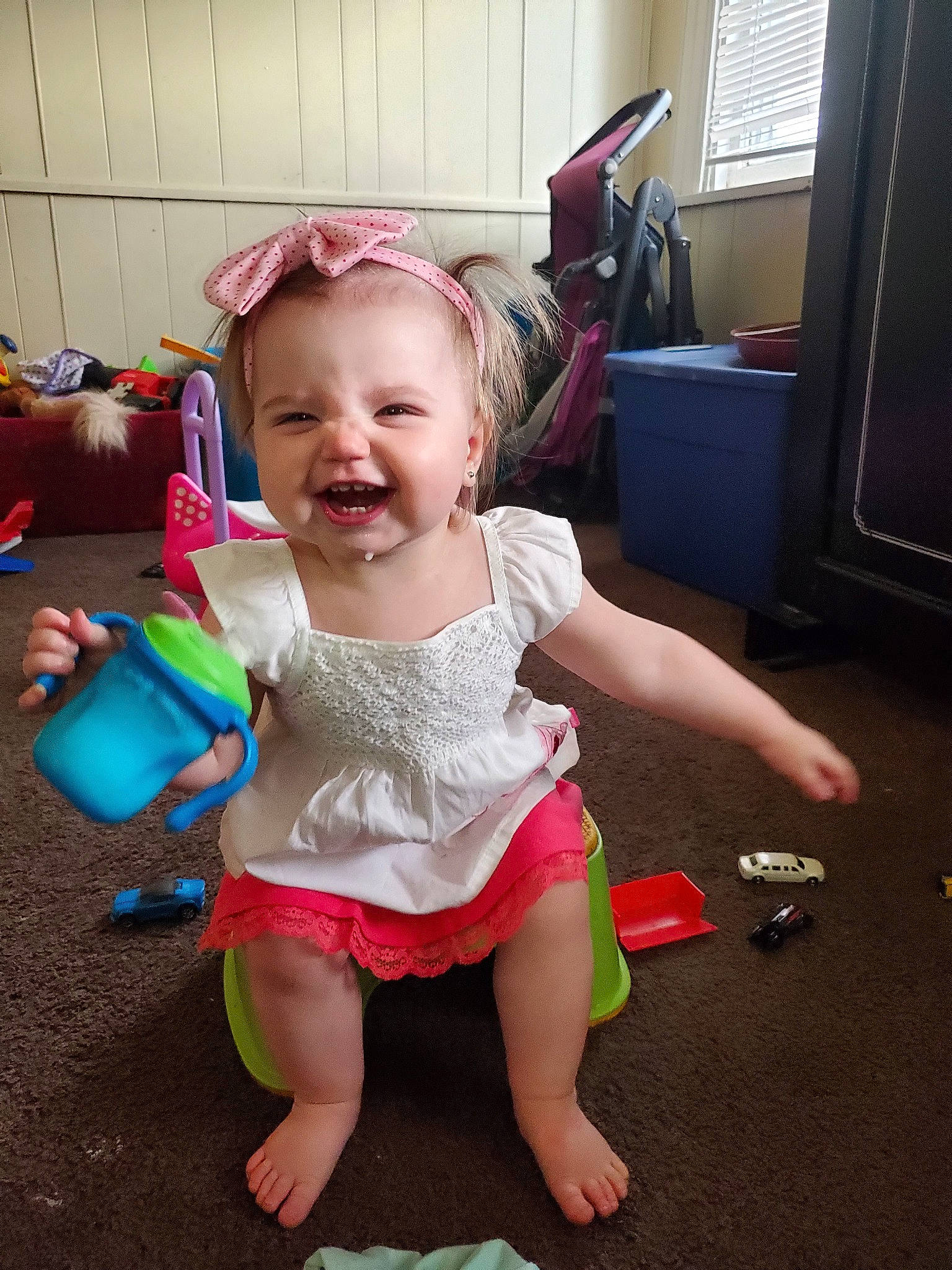 Aiyanna joined the competition — help win amazing prizes! baby, baby_products, cheek, child, facial_expression, fun, joy, leg, person, play, product, sitting, skin, smile, toddler, tooth