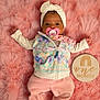 Areliana joined the competition — help win amazing prizes! baby, infant, pacifier, headband, pink_blanket, wooden_sign, one_month, rainbow_design, clothing, vest, pants, cute, lying_down, milestone, cozy, soft_texture, portrait, child, newborn, celebration