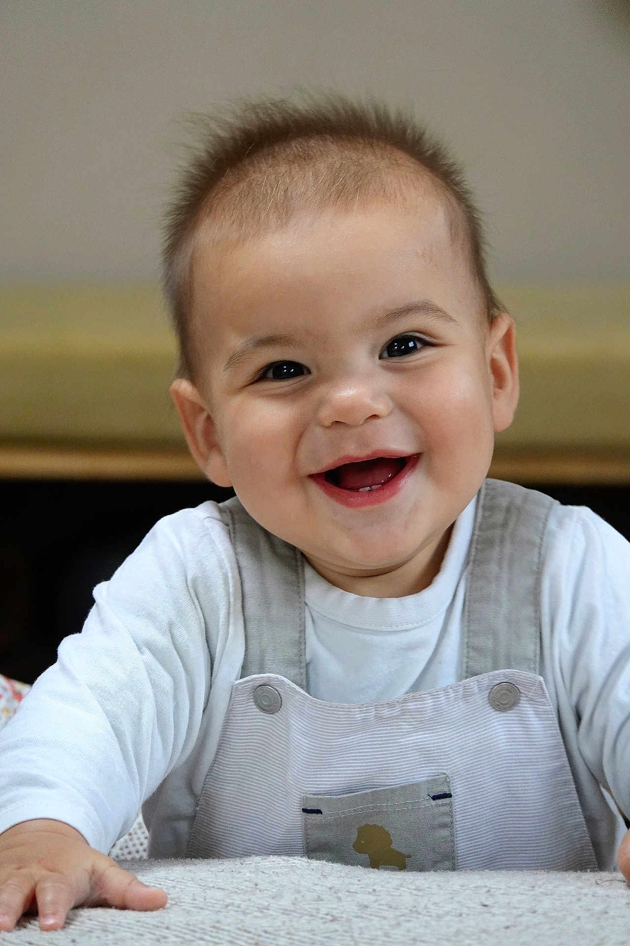 Marin participe au concours pour gagner de l'argent avec cette photo : baby, smiling, happy, portrait, infant, child, face, eyes, teeth, cheeks, overalls, white_shirt, hands, ears, short_hair, indoor, soft_surface, table_edge, shallow_depth_of_field, neutral_background