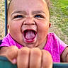 baby, child, outdoor, swing, playground, grass, happy, smiling, blue_eyes, pink_shirt, hand, face, person, joyful, fun, summer, nature, blurred_background, excited, close_up