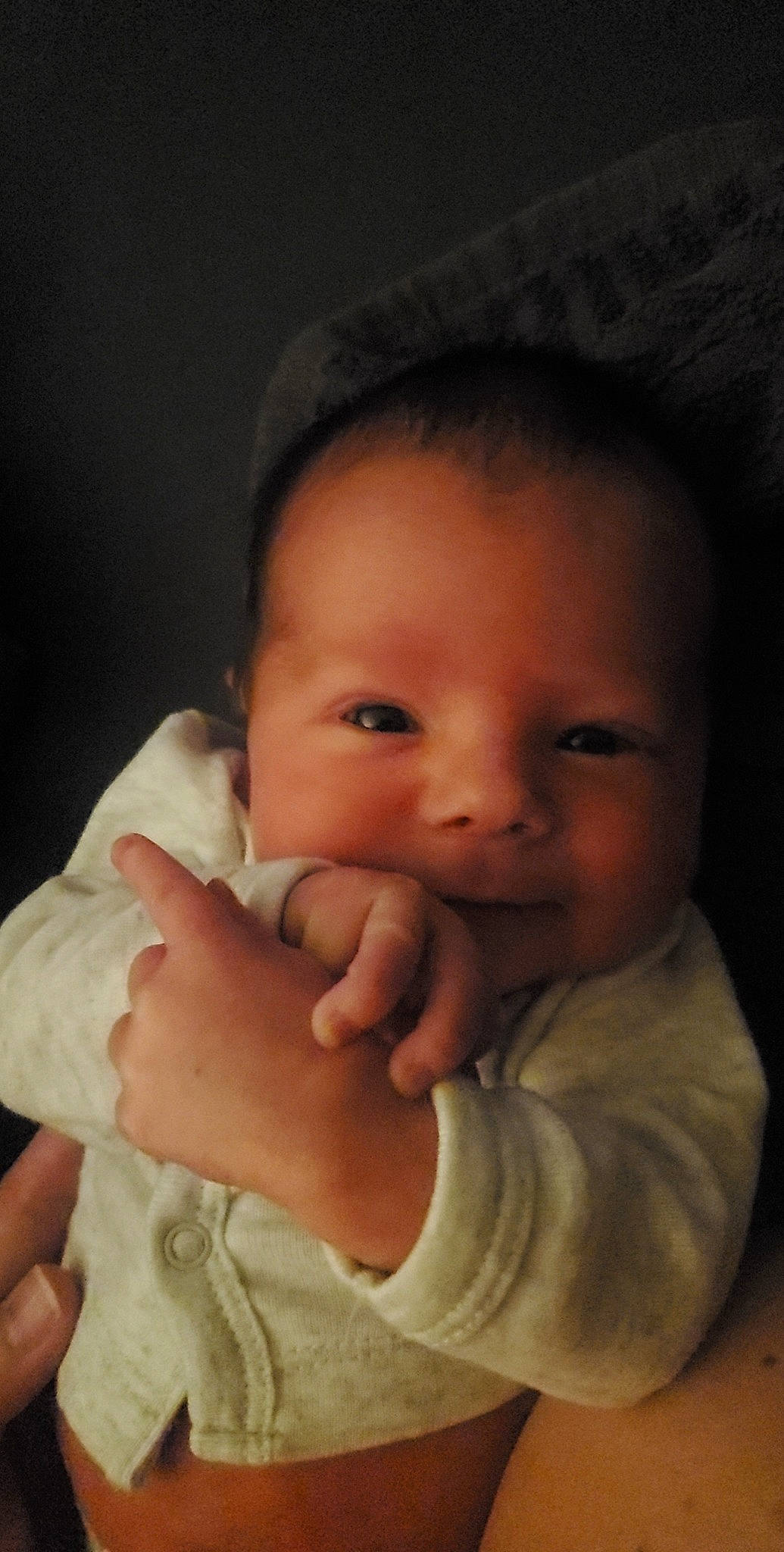 Jensen is registered to the contest to win money with this photo: baby, baby_toddler_clothing, cheek, chin, ear, eyebrow, eyelash, finger, flash_photography, gesture, hand, happy, iris, lip, mouth, nose, person, skin, sleeve, smile