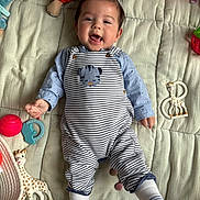 Telio participe au concours pour gagner de l'argent avec cette photo : baby, child, smiling, striped_overalls, blue_shirt, sock, giraffe_toy, rattle, soft_quilt, toy, infant, cute, happy, lying_down, playtime, indoors, person, face, small_child, colorful