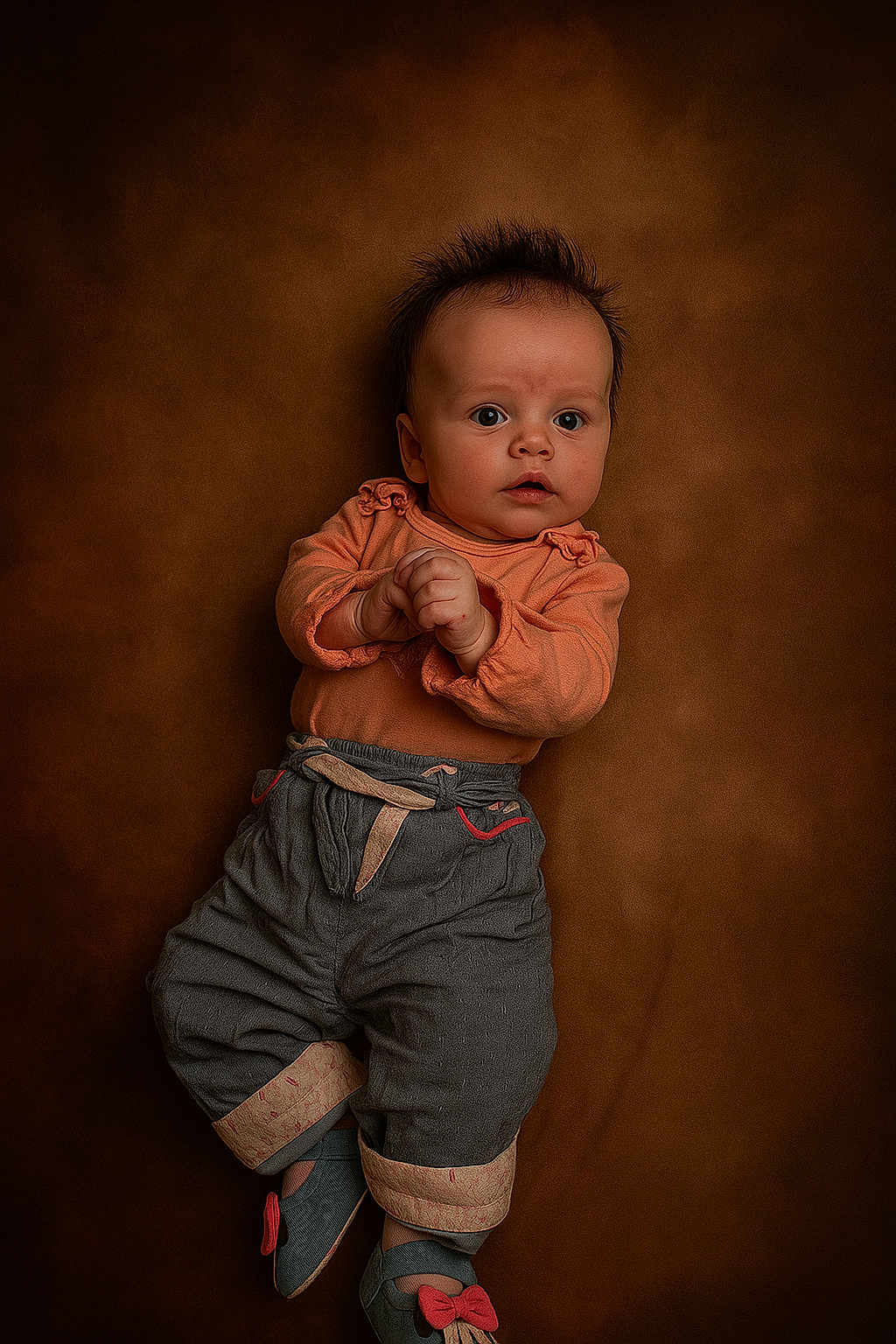 Kaïna a rejoint le concours — aidez-le/la à gagner de superbes lots ! baby, infant, child, portrait, clothing, pants, shoes, cute, expression, face, hair, background, laying, looking, curious, small_hands, footwear, soft_lighting, studio, casual