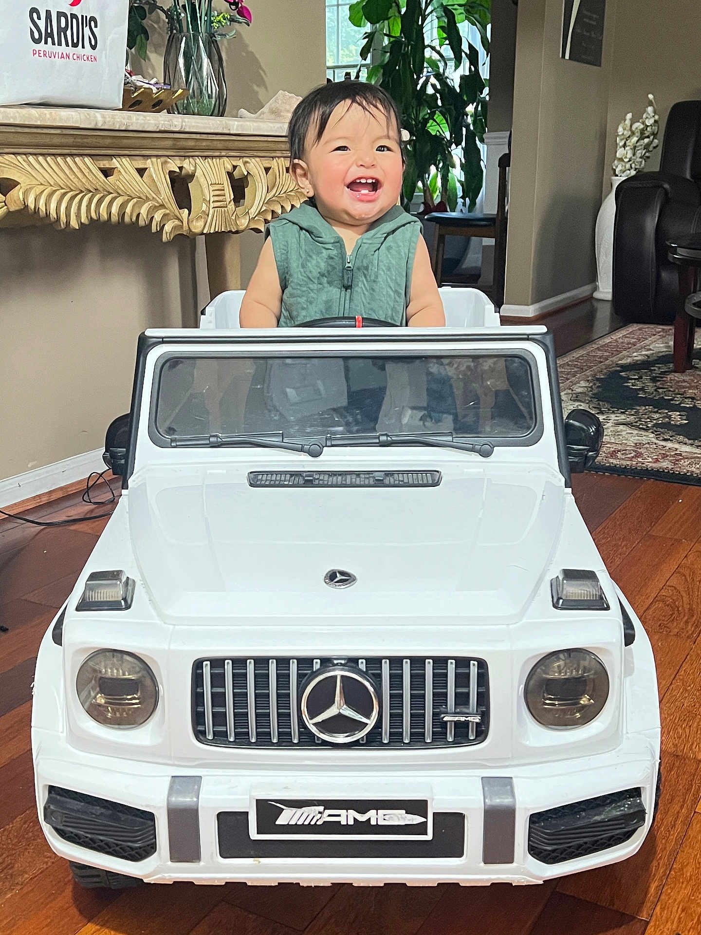 Josseling is registered to the contest to win money with this photo: toddler, toy_car, indoor, smiling, child, miniature_vehicle, wooden_floor, furniture, plant, happy, home, amg, car_grill, head, person, seat, window, greenery, clothing, living_room