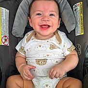 Martin is registered to the contest to win money with this photo: baby, smiling, car_seat, onesie, infant, child, cute, happy, face, hands, legs, seatbelt, pattern, bear, clothing, indoors, person, baby_clothes, sitting, young_child