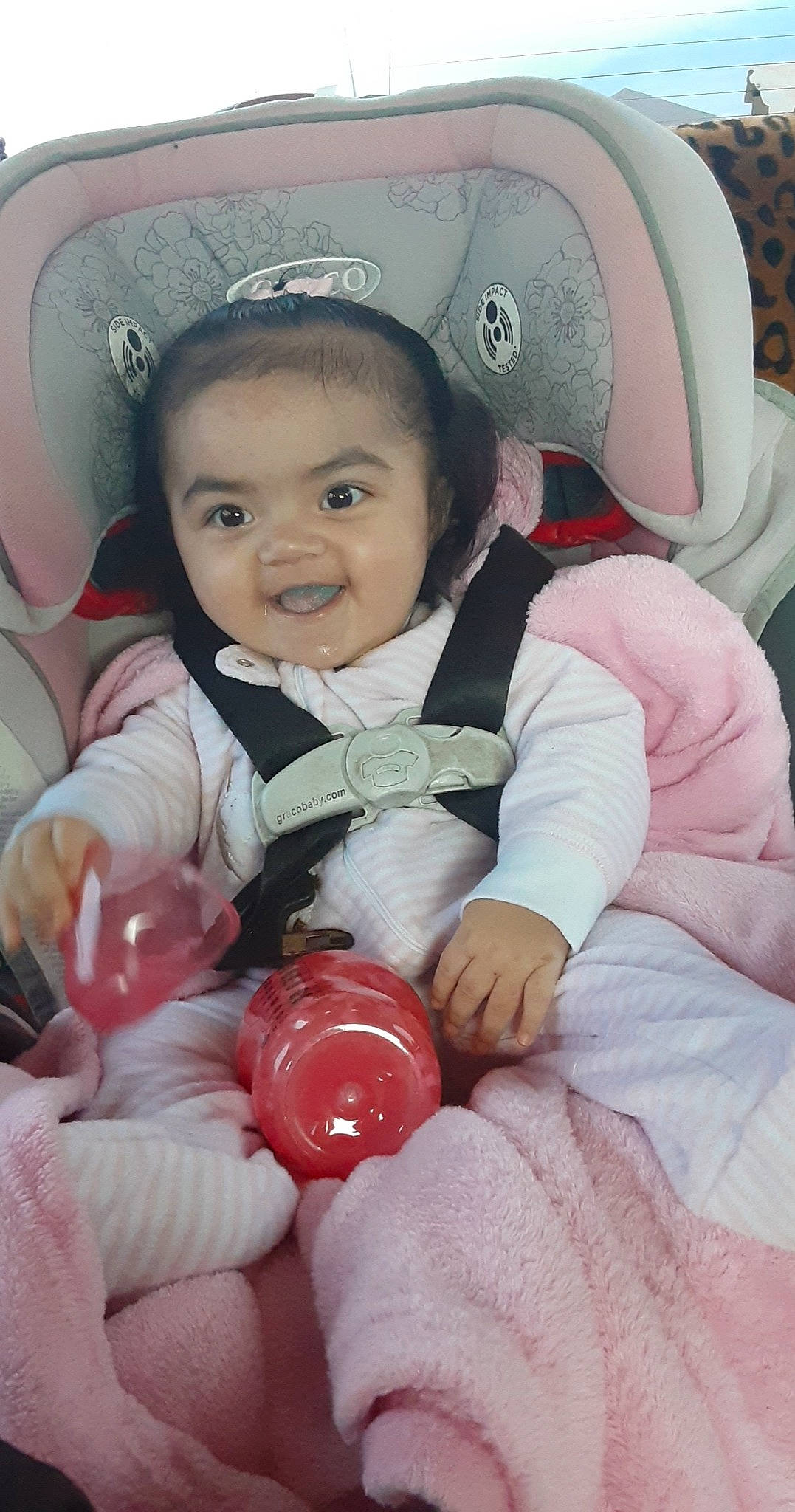 Emberlee joined the competition — help win amazing prizes! baby, baby_carriage, baby_in_car_seat, baby_toddler_clothing, cap, car_seat, cheek, child, comfort, eye, finger, fun, happy, helmet, joy, organ, person, pink, skin, smile