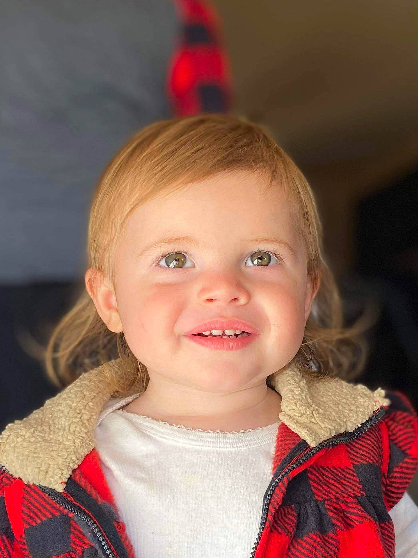 Gabriella is registered to the contest to win money with this photo: baby, baby_toddler_clothing, beauty, blond, brown_hair, cheek, chin, eye, eyebrow, eyelash, face, happy, iris, joy, lip, nose, person, red, skin, sleeve