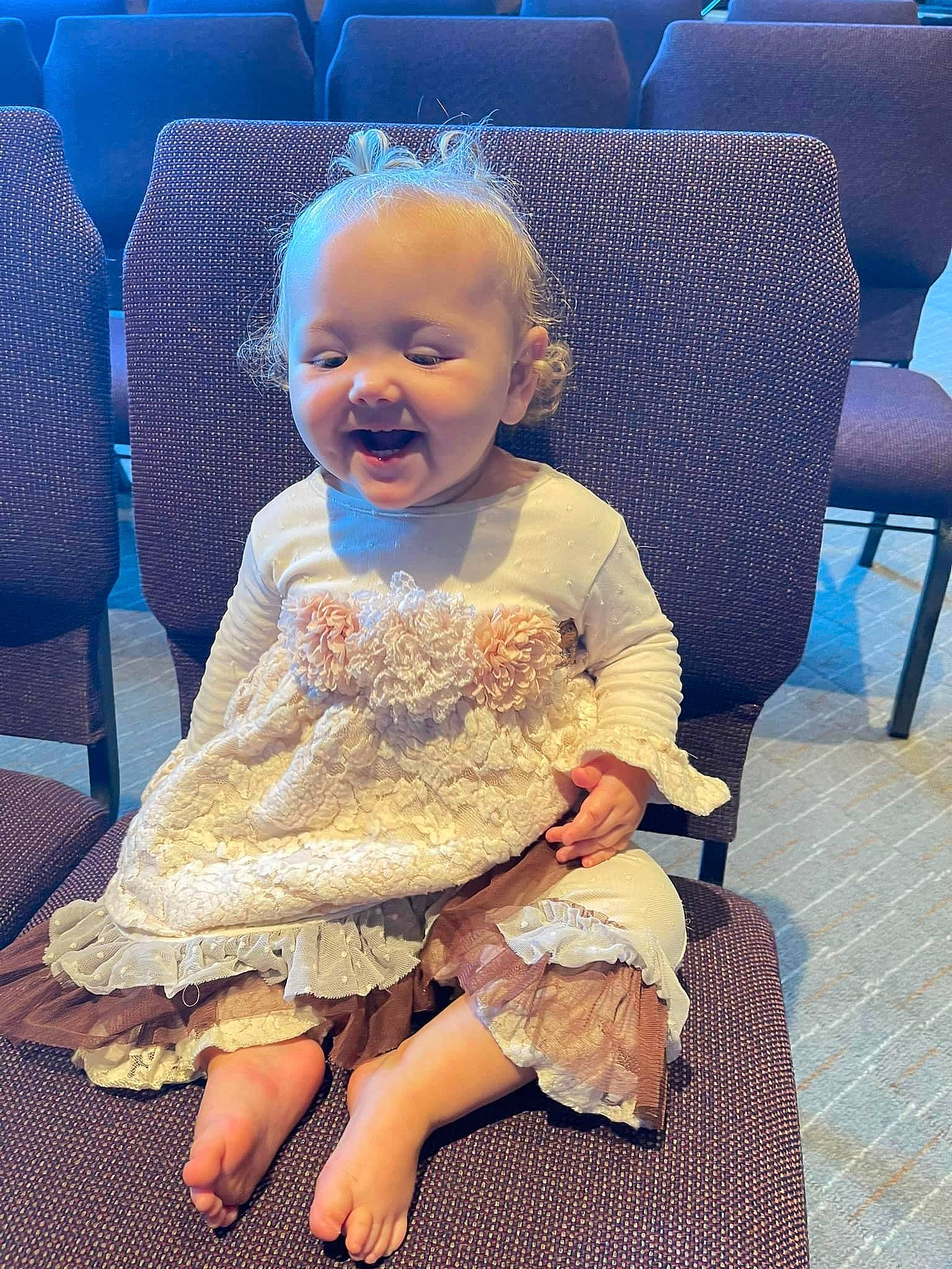 Alice joined the competition — help win amazing prizes! baby_toddler_clothing, blue, chair, cheek, comfort, eye, face, fun, furniture, hair, happy, head, human_leg, knee, lap, person, skin, smile, standing, thigh