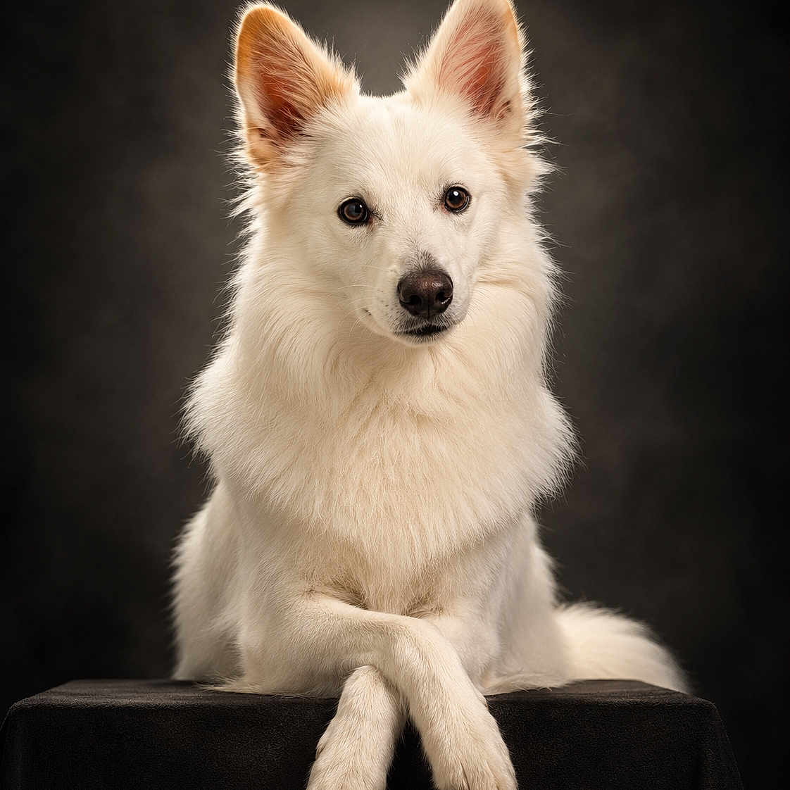 Arko a rejoint le concours — aidez-le/la à gagner de superbes lots ! dog, white_dog, portrait, studio, crossed_paws, fluffy_fur, elegant, animal, pet, canine, looking_at_camera, sitting, soft_lighting, dark_background, close_up, fur_detail, ears_up, alert, calm, indoors