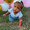 toddler, child, baby, crawling, grass, balloons, headband, white_bow, outdoor, nature, curious, young_child, striped_shirt, blue_pants, portrait, cute, innocence, expression, celebration, playful