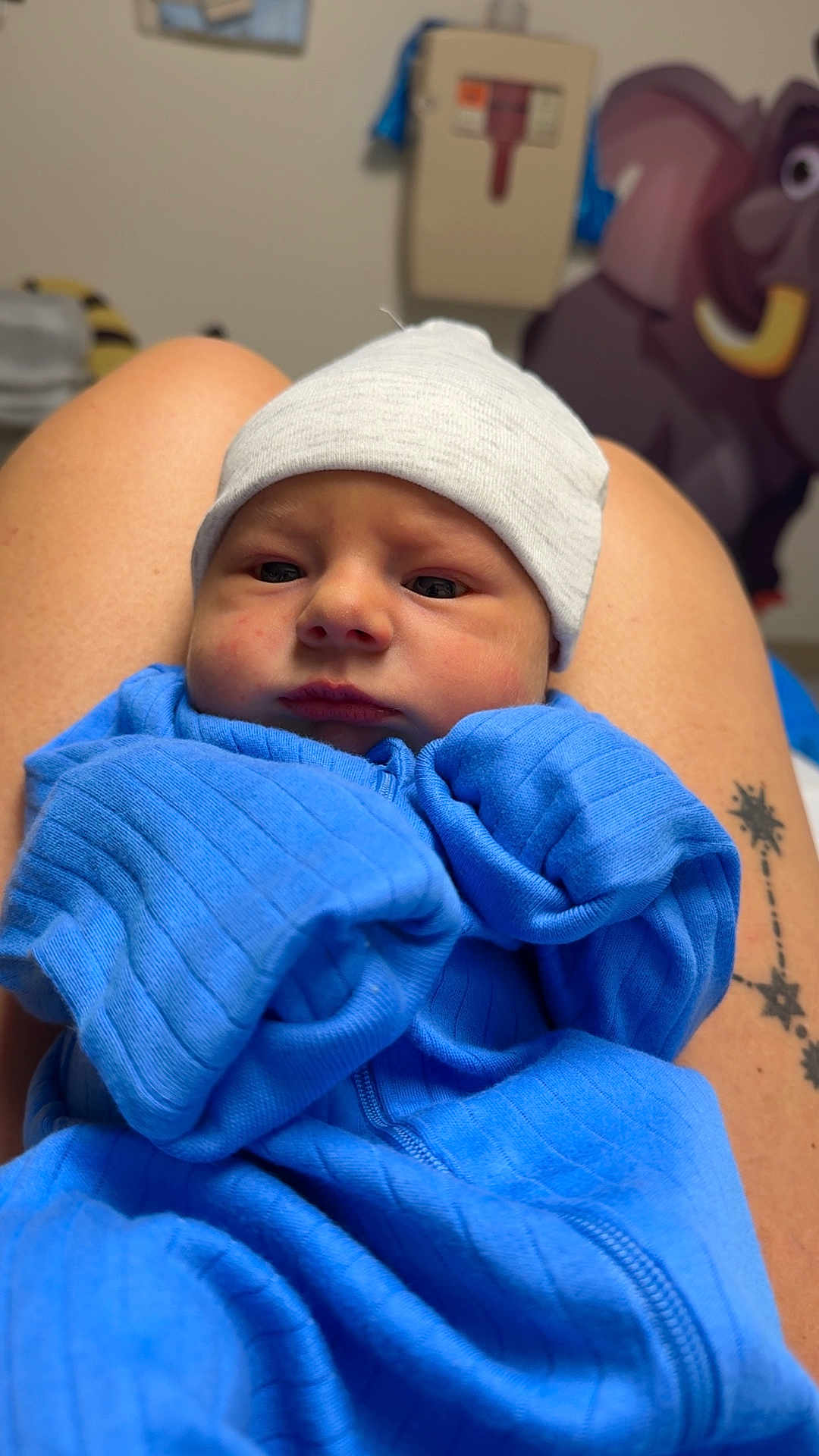 Lincoln is registered to the contest to win money with this photo: newborn, baby, blue_clothing, hat, legs, tattoo, indoor, portrait, face, serious, infant, person, cute, cozy, child, mural, elephant, background, skin, closeup
