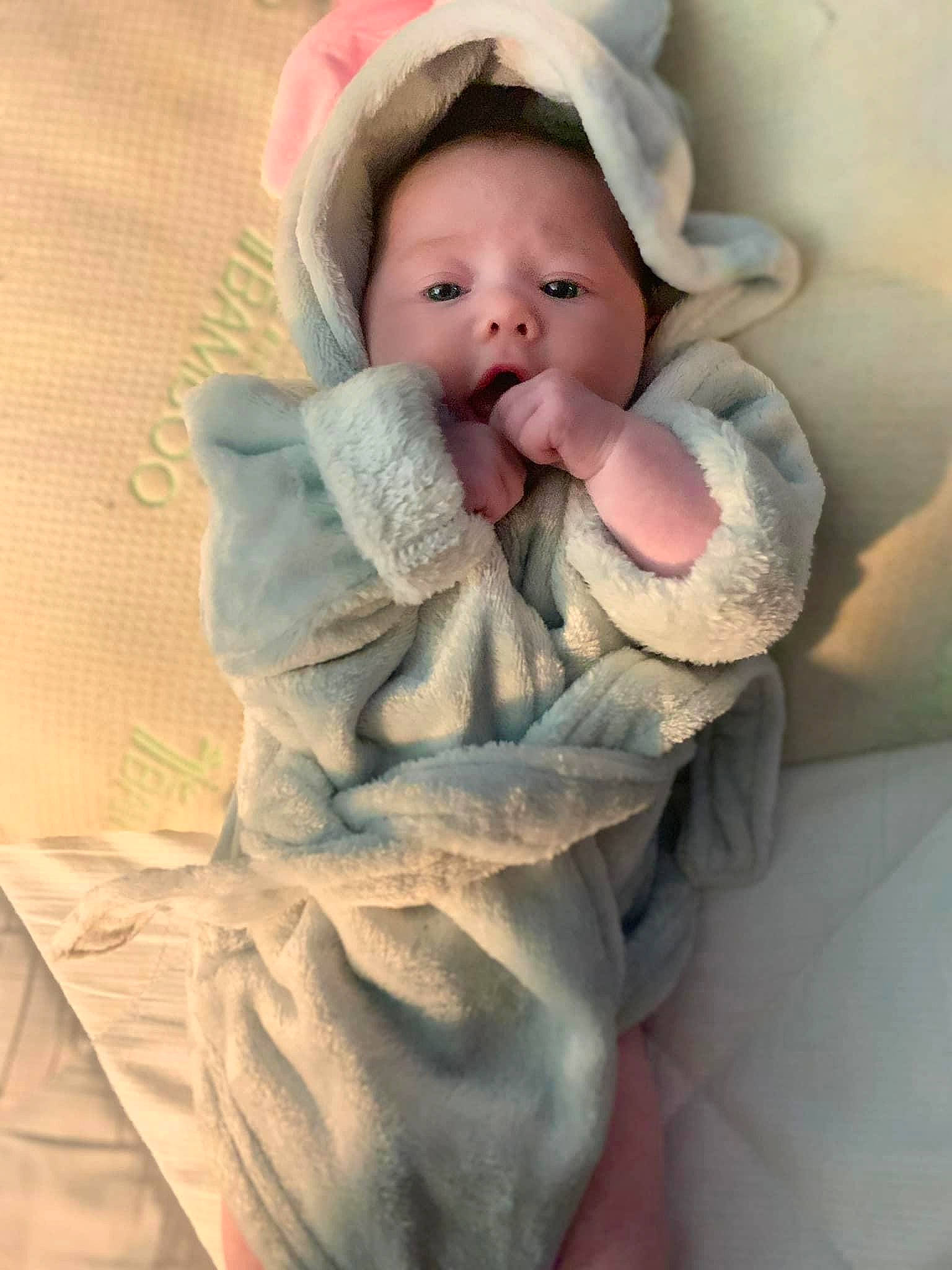 Ainsley is registered to the contest to win money with this photo: baby, baby_products, baby_safety, baby_sleeping, baby_toddler_clothing, bed, bedding, cheek, child, comfort, face, fur, hat, headgear, linens, lip, person, skin, sleeve, thumb