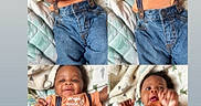 Kamino joined the competition — help win amazing prizes! baby, bed, blanket, child, collage, cute, denim, four_photos, hand, happy, indoor, infant, lying_down, orange_shirt, person, playful, portrait, smiling, suspenders, tattoo