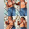 baby, bed, blanket, child, collage, cute, denim, four_photos, hand, happy, indoor, infant, lying_down, orange_shirt, person, playful, portrait, smiling, suspenders, tattoo