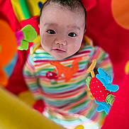 Felix is registered to the contest to win money with this photo: baby, infant, face, eyes, colorful_clothing, striped_outfit, dinosaur_patch, toy, plush_toy, red_background, playmat, closeup, child, cute, smiling, indoors, soft_toy, looking_up, portrait, happy