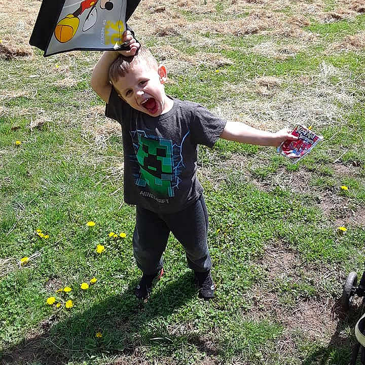 Bruno is registered to the contest to win money with this photo: child, fun, grass, lawn, leaf, plant, play, soil