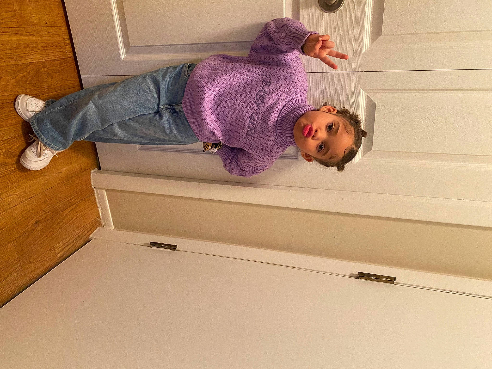 Avianna joined the competition — help win amazing prizes! child, comfort, elbow, floor, flooring, fun, hardwood, human_leg, knee, magenta, person, purple, room, thigh, waist, wood