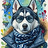 Ruby is registered to the contest to win money with this photo: dog, husky, siberian_husky, animal, pet, canine, portrait, sunglasses, scarf, winter_coat, clothing, fashion, blue, watercolor, illustration, colorful, fantasy, space, artwork, front_view