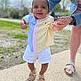Traesyn is registered to the contest to win money with this photo: adult_hand, casual, child, colorful_clothing, daylight, grass, happy, holding_hands, outdoor, person, portrait, shirt, shoes, shorts, sidewalk, smiling, support, toddler, walking, young_child