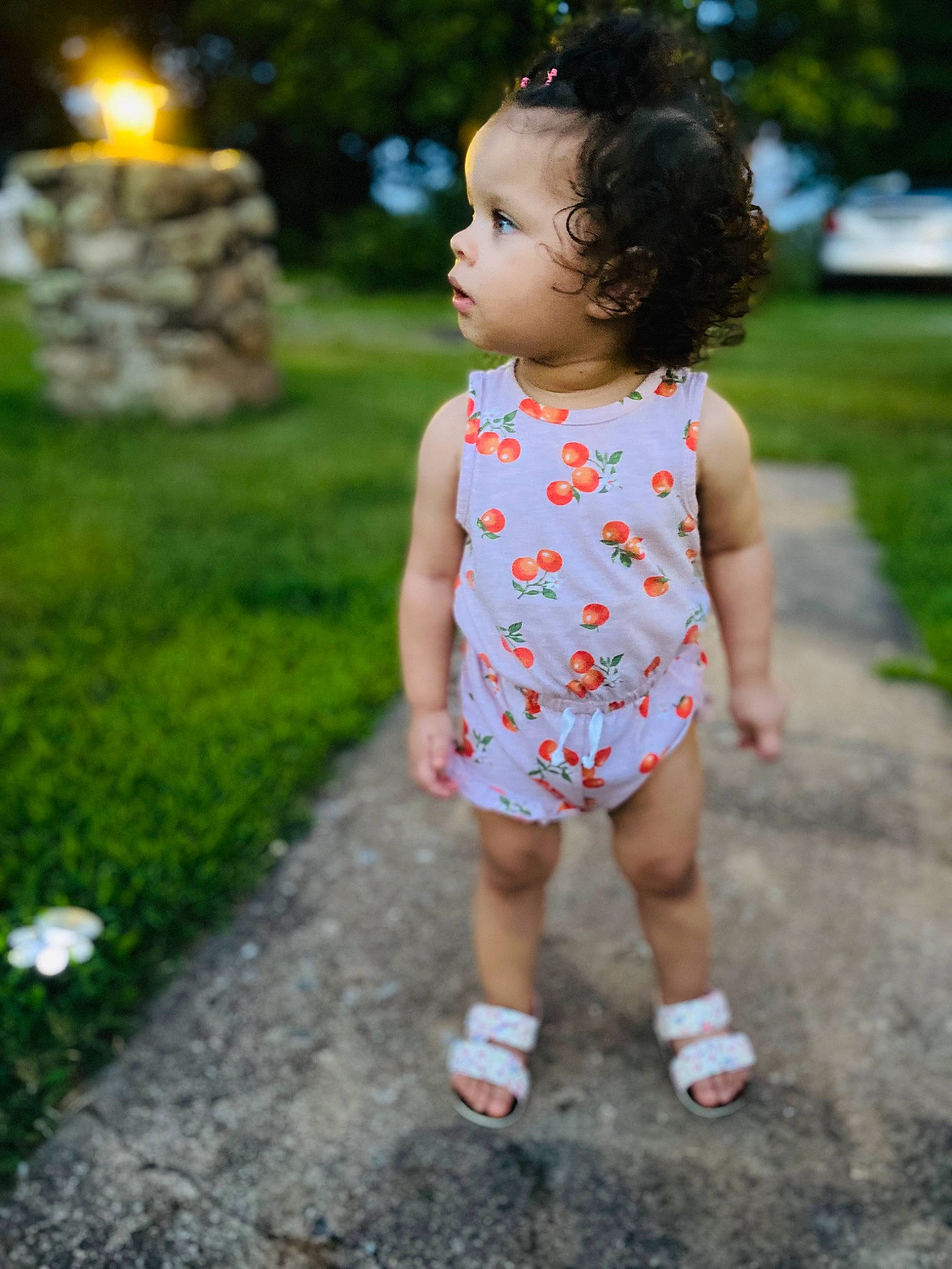 Aveah is registered to the contest to win money with this photo: baby, baby_toddler_clothing, child, dress, electric_blue, fun, grass, hair, happy, head, leaf, leisure, people_in_nature, person, plant, recreation, sleeve, standing, summer, toddler