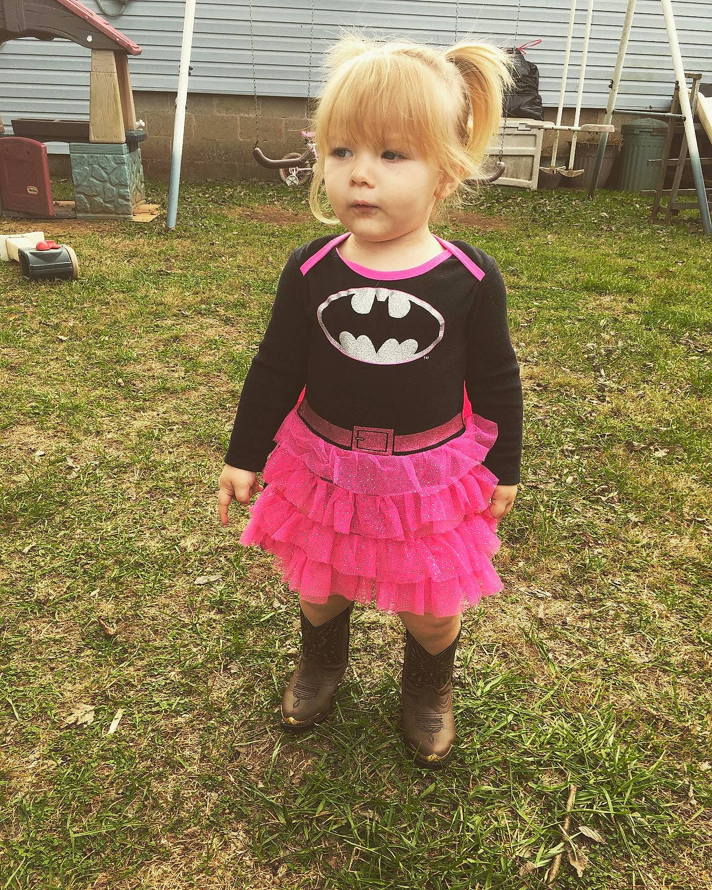 Addison joined the competition — help win amazing prizes! baby_toddler_clothing, chair, child, costume, eye, fur, garden, grass, head, leggings, magenta, pattern, person, pink, purple, sleeve, street_fashion, t_shirt, toddler, tree