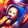 Rebekah is registered to the contest to win money with this photo: baby, child, car_seat, pacifier, glowing, colorful, neon, seat_belt, infant, portrait, young_child, chewing, happy, bright_lighting, indoor, close_up, smiling, cute, person, car_interior