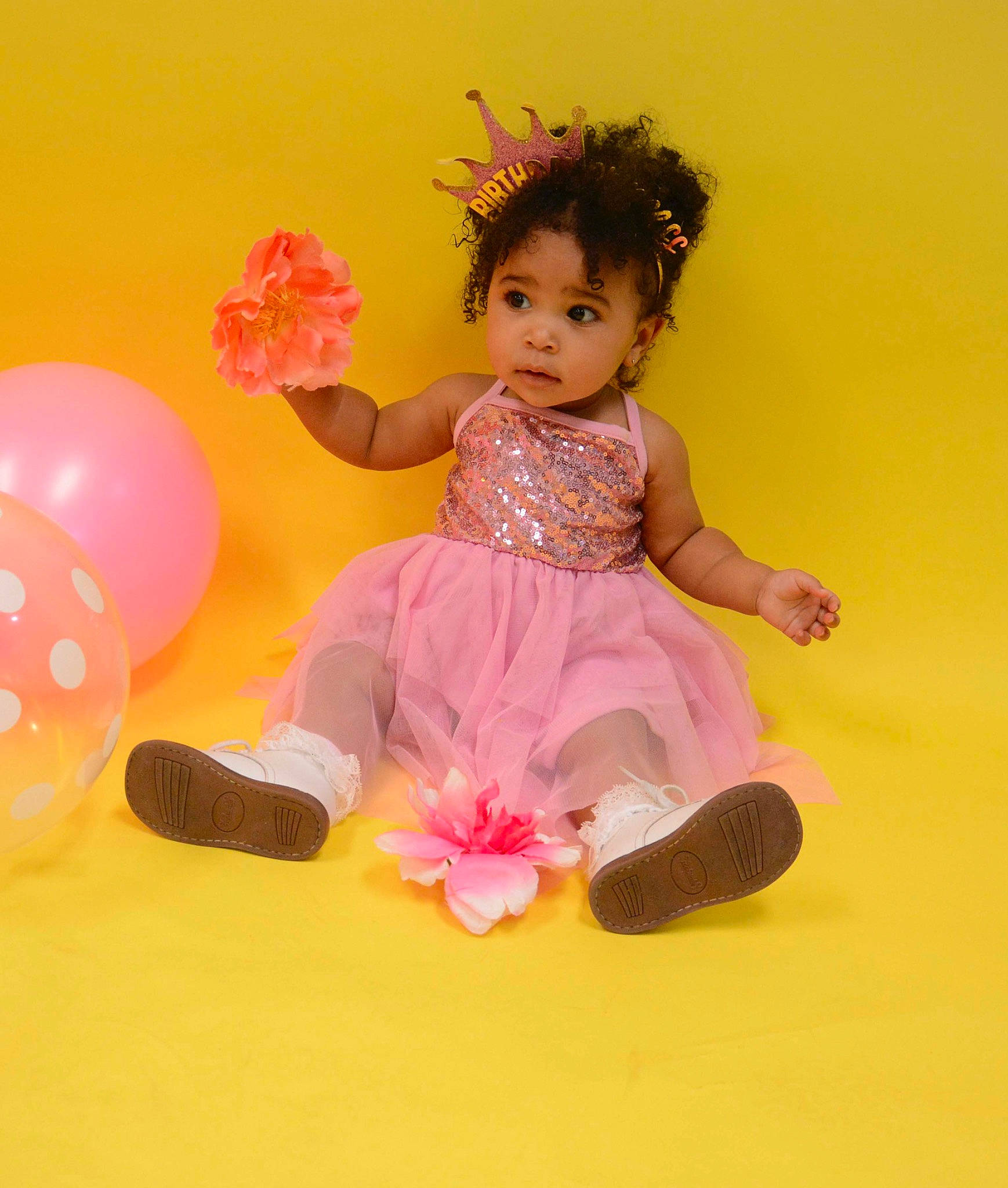 Gianna joined the competition — help win amazing prizes! baby, baby_toddler_clothing, balloon, child, dress, embellishment, fun, happy, human_body, magenta, party_supply, pattern, peach, person, pink, play, sitting, sleeve, sweetness, toddler