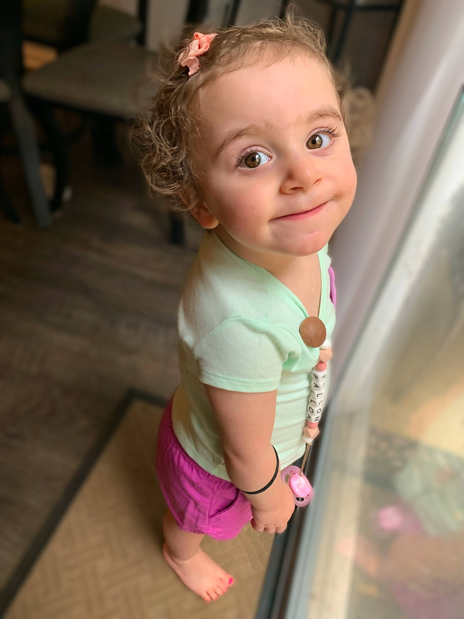 Fallon joined the competition — help win amazing prizes! baby_toddler_clothing, blond, cheek, child, chin, eyelash, facial_expression, flash_photography, flooring, hairstyle, happy, iris, joy, magenta, person, pink, shoulder, skin, sleeve, smile