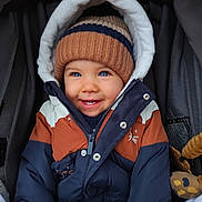Gabriel a rejoint le concours — aidez-le/la à gagner de superbes lots ! toddler, child, smile, blue_eyes, winter_jacket, knit_hat, stroller, cold_weather, cute, baby, face, happy, outdoor_clothing, warm_clothes, portrait, infant, cute_expression, cozy, seat_belt, baby_toy