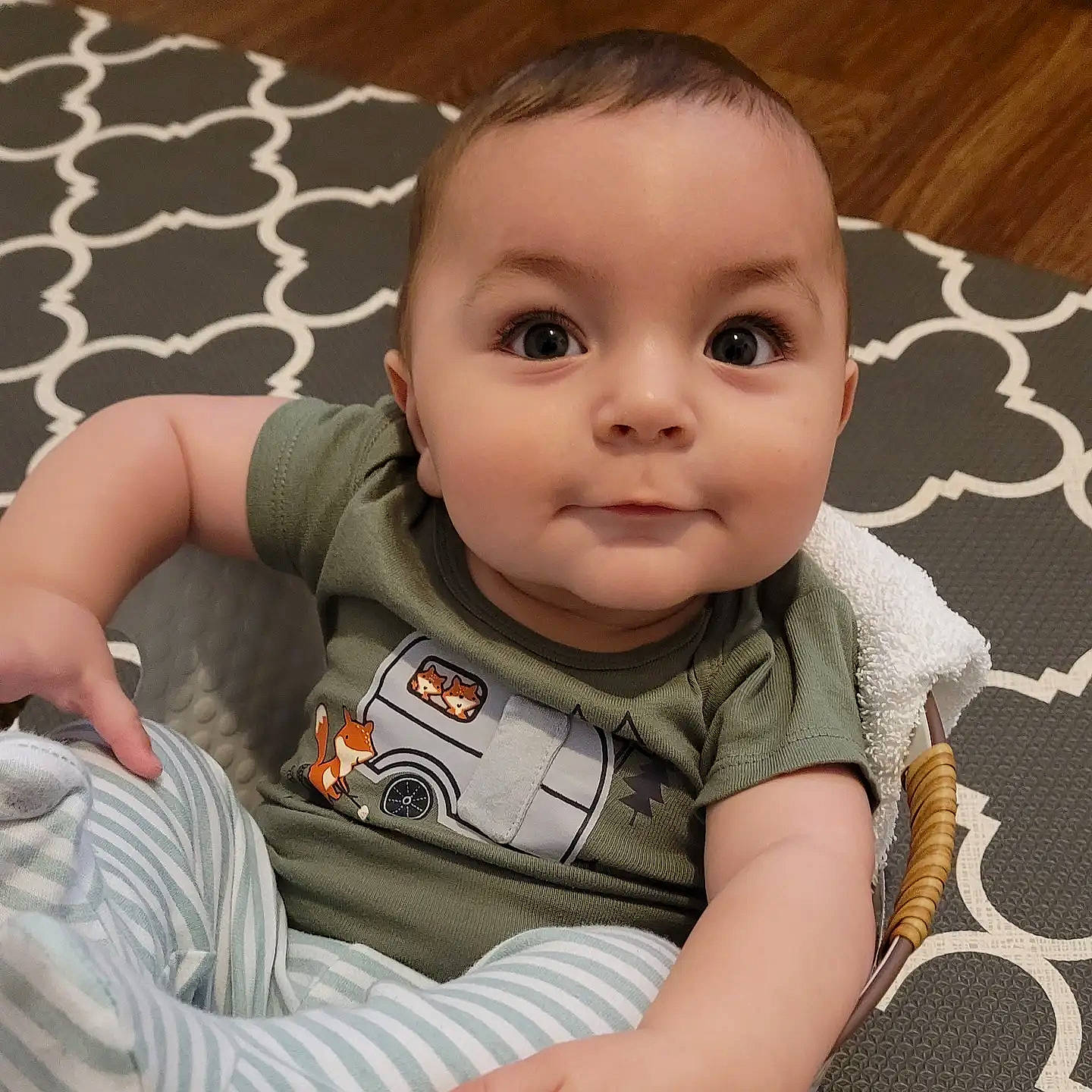 Lucas joined the competition — help win amazing prizes! baby, baby_sleeping, baby_toddler_clothing, cheek, child, comfort, cool, facial_expression, finger, flooring, happy, iris, linens, nose, person, sitting, skin, sleeve, t_shirt, toddler