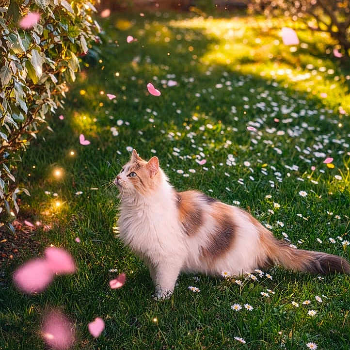 Felly a rejoint le concours — aidez-le/la à gagner de superbes lots ! cat, calico_cat, fluffy, grass, flowers, greenery, sunlight, nature, outdoor, pet, animal, garden, pink_petals, curious, sitting, daylight, leafy_bush, spring, peaceful, feline