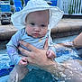 adult_hand, baby, blue, chair, child, cute, daylight, fence, hand, outdoor, person, pool, relaxation, sitting, sky, summer, sunhat, swimsuit, water, water_reflection