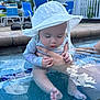 Rosalia is registered to the contest to win money with this photo: baby, blue_chair, child, cute, daylight, fence, hand, infant, legs, outdoor, person, pool, relaxing, sitting, skin, summer, sunhat, sunny, swimming, water