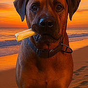 Ruger is registered to the contest to win money with this photo: dog, bone, beach, sunset, sand, ocean, waves, collar, pet, animal, outdoor, portrait, brown_dog, canine, nature, sky, serious, close_up, sunset_sky, water