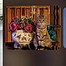 animal, casual, cat, colorful, decor, digital_display, emoji, flower_vase, flowers, furniture, indoor, pet, photo, portrait, reaction, screen, sitting, smartphone, tabby_cat, wooden_background