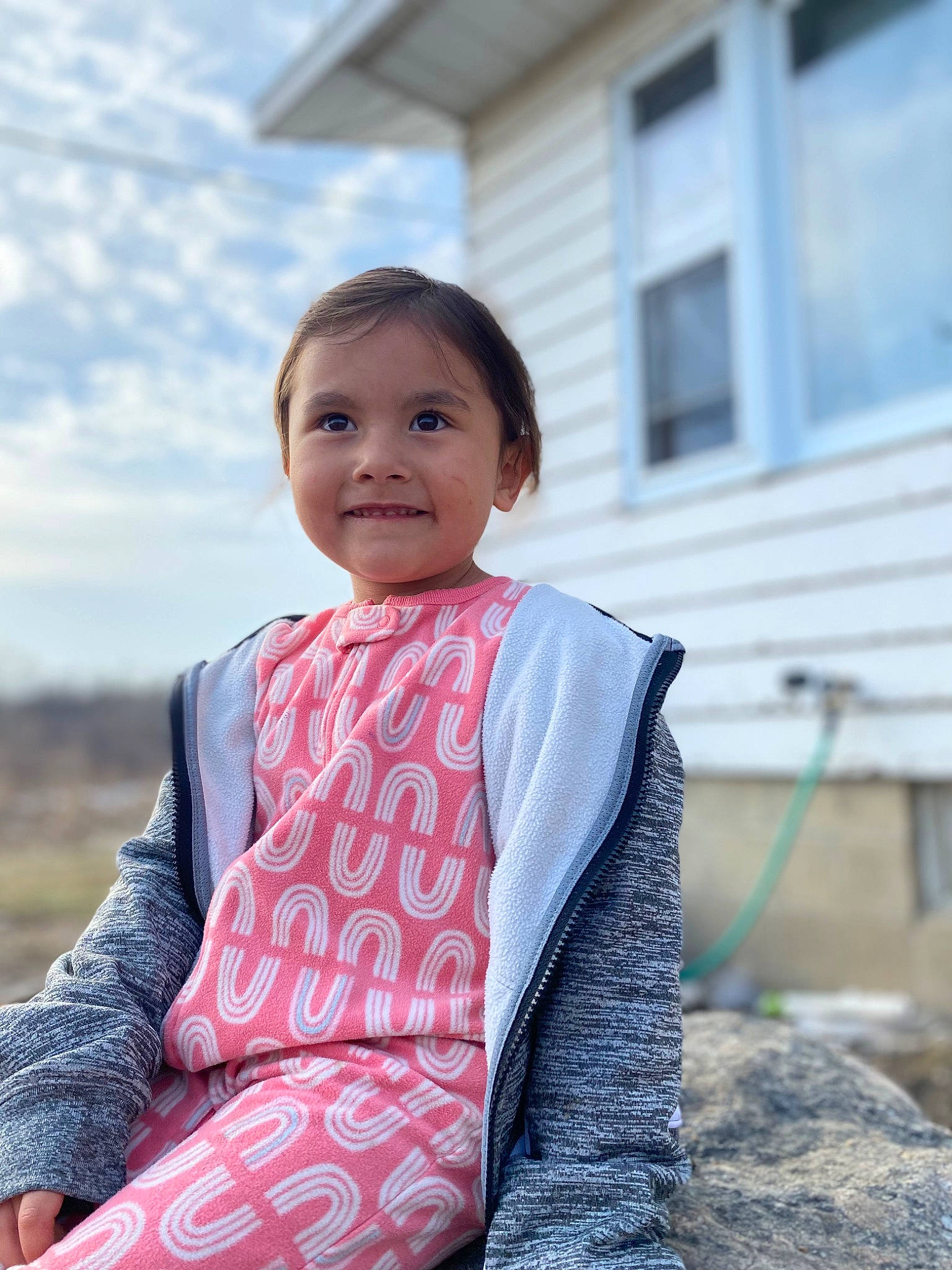 Aarilynn is registered to the contest to win money with this photo: baby_toddler_clothing, blue, child, chin, cloud, dress, electric_blue, eye, face, formal_wear, happy, joy, magenta, neck, pattern, person, skin, sky, sleeve, smile