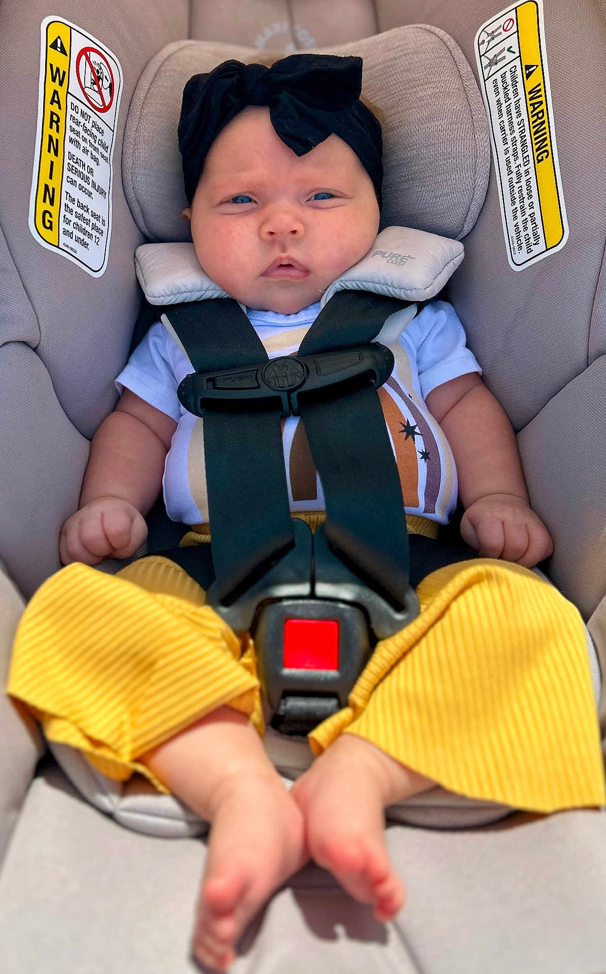 Madeline joined the competition — help win amazing prizes! baby, car_seat, straps, headband, yellow_pants, shirt, infant, child, seatbelt, safety, serious_face, blue_eyes, indoors, cute, hands, feet, warning_labels, clothing, person, portrait