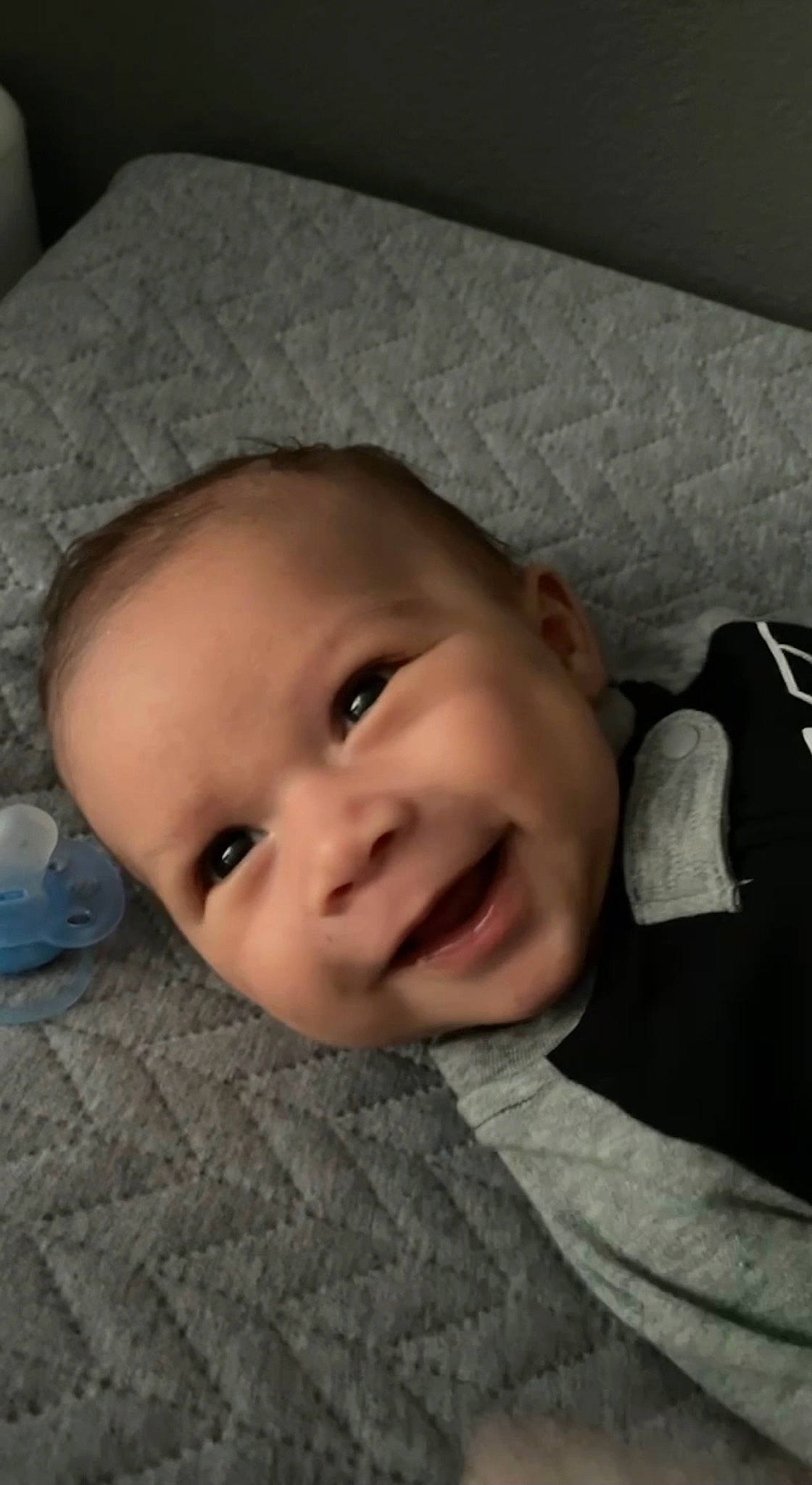 Krew is registered to the contest to win money with this photo: baby, baby_laughing, baby_toddler_clothing, cheek, child, comfort, eye, eyebrow, happy, head, iris, joy, linens, lip, mouth, nose, person, room, skin, sleeve