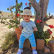 Hannah joined the competition — help win amazing prizes! child, toddler, hat, sun_visor, smiling, flowers, tree, outdoor, plants, blue_sky, grass, pot, sneakers, clothing, pants, shirt, nature, daylight, happy, person